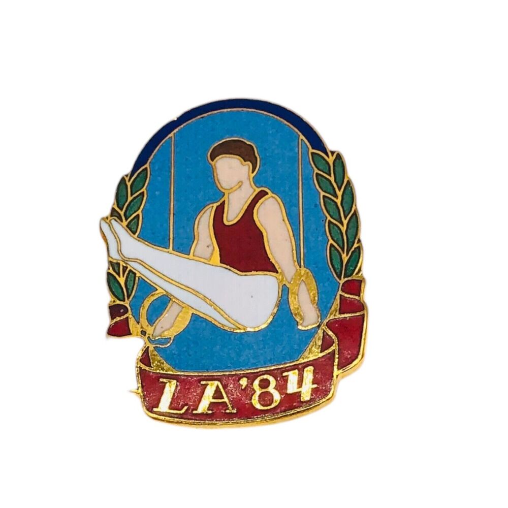 VTG LA '84 Summer Olympics Gymnastics Lapel Hat Tie Pin Enamel Brass Gold Toned